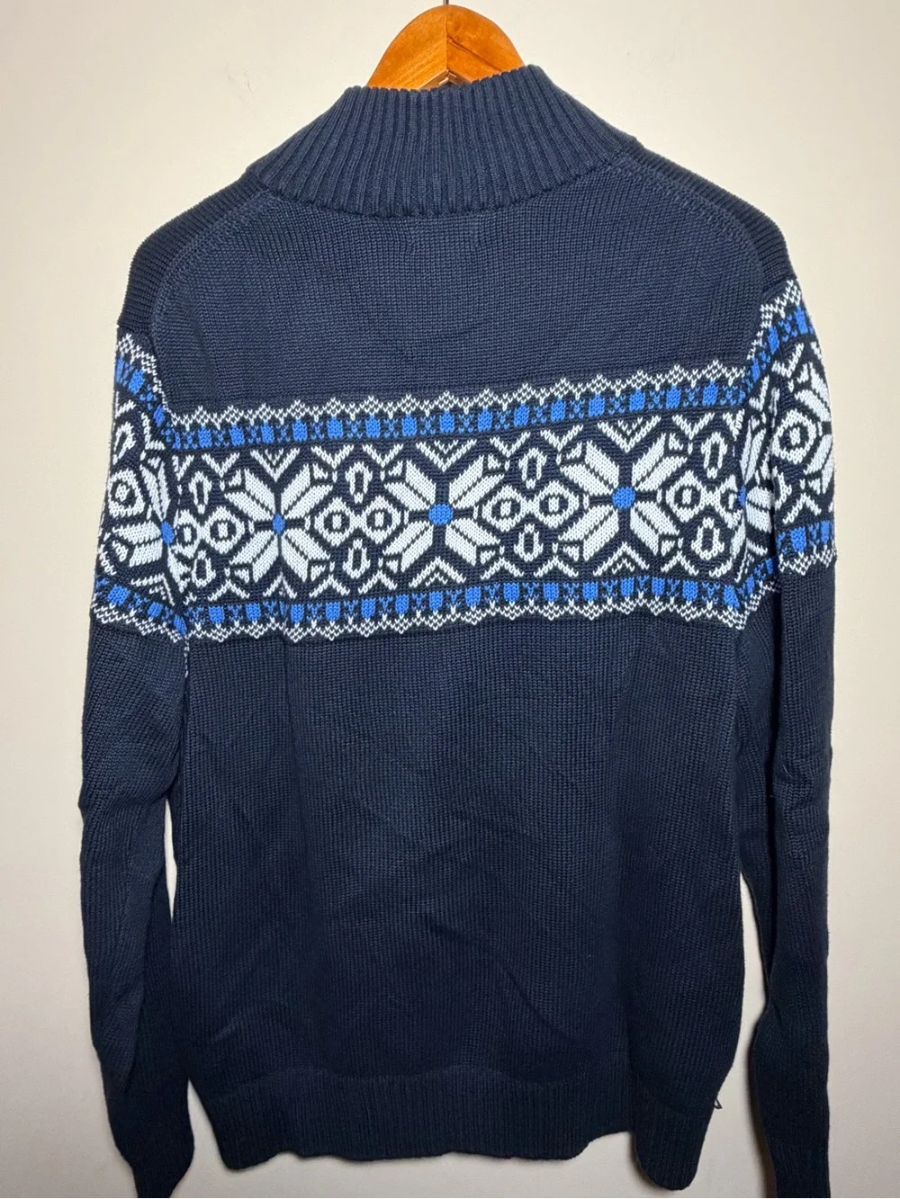 LL Bean Nordic Fair Isle Quarter Zip Sweater Mens Large Blue 100% Cotton Knit